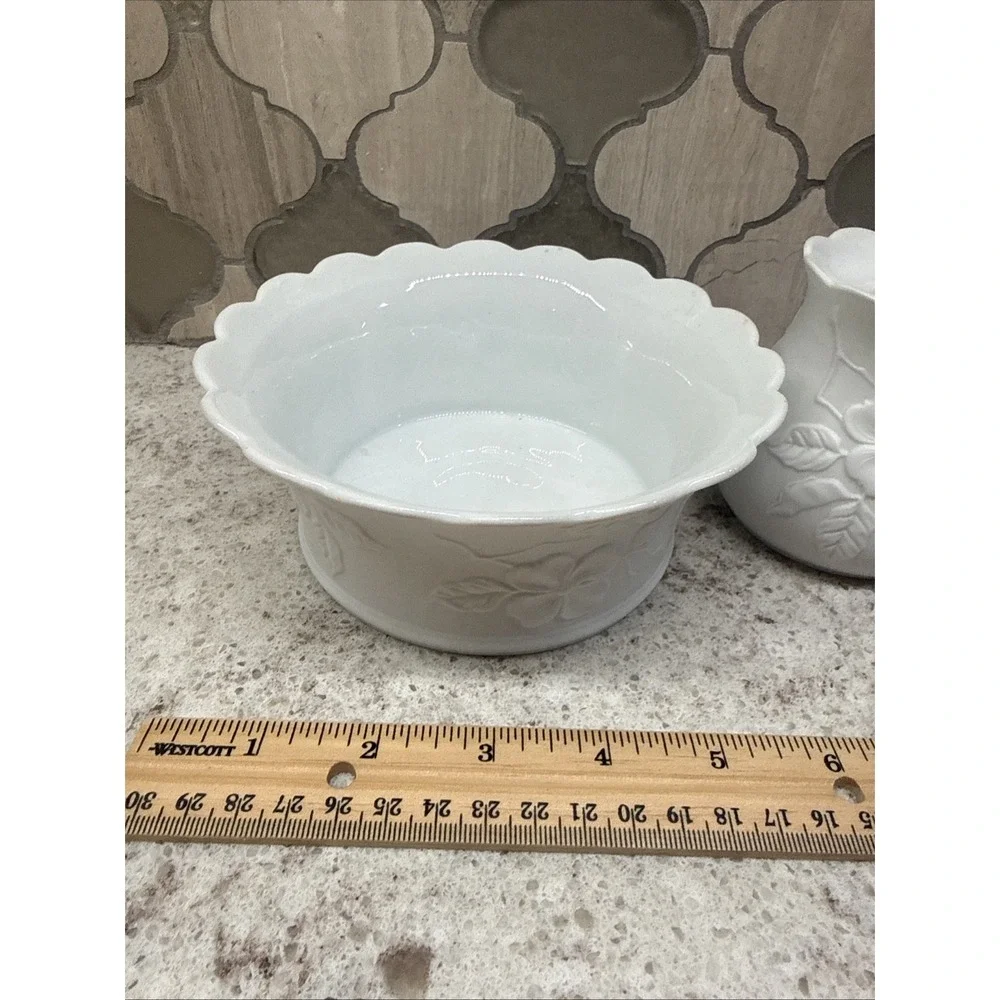 Vintage AK Kaiser Porcelain White‎ Bisque Floral Set 2 Candle Holders Plus Dish